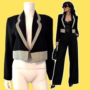 Vtg 80s Cropped Bolero Jacket Black White Gold Art Deco Evening Blazer Size 12